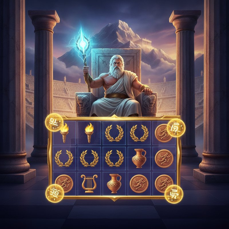 Games in Olympus slot main screen featuring Zeus sitting on his stone throne holding a glowing staff with blue crystal, surrounded by Greek marble columns, amphitheater, and the 6x5 game grid displaying Olympic torch, laurel wreath, Greek lyre, amphora vase, and athletic bronze coin symbols with golden multiplier orbs