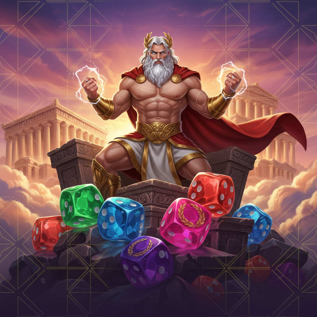 Gates of Olympus 1000 Dice slot game featuring Zeus with lightning bolts, golden Greek temple columns, polyhedral gem dice, and dramatic purple sunset sky over Mount Olympus