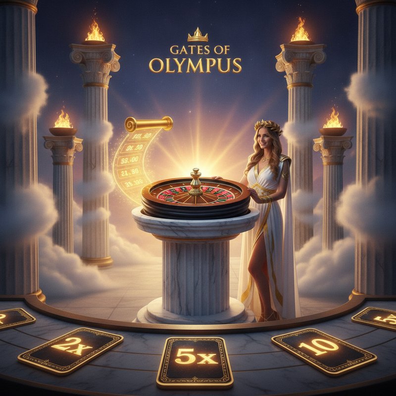 Gates of Olympus Roulette live casino studio showing European roulette wheel on marble pedestal, female presenter in Greek goddess attire, Mount Olympus temple set with Ionic columns, golden bonus number scroll, lucky number cards with multipliers, and fire braziers in heavenly cloud background