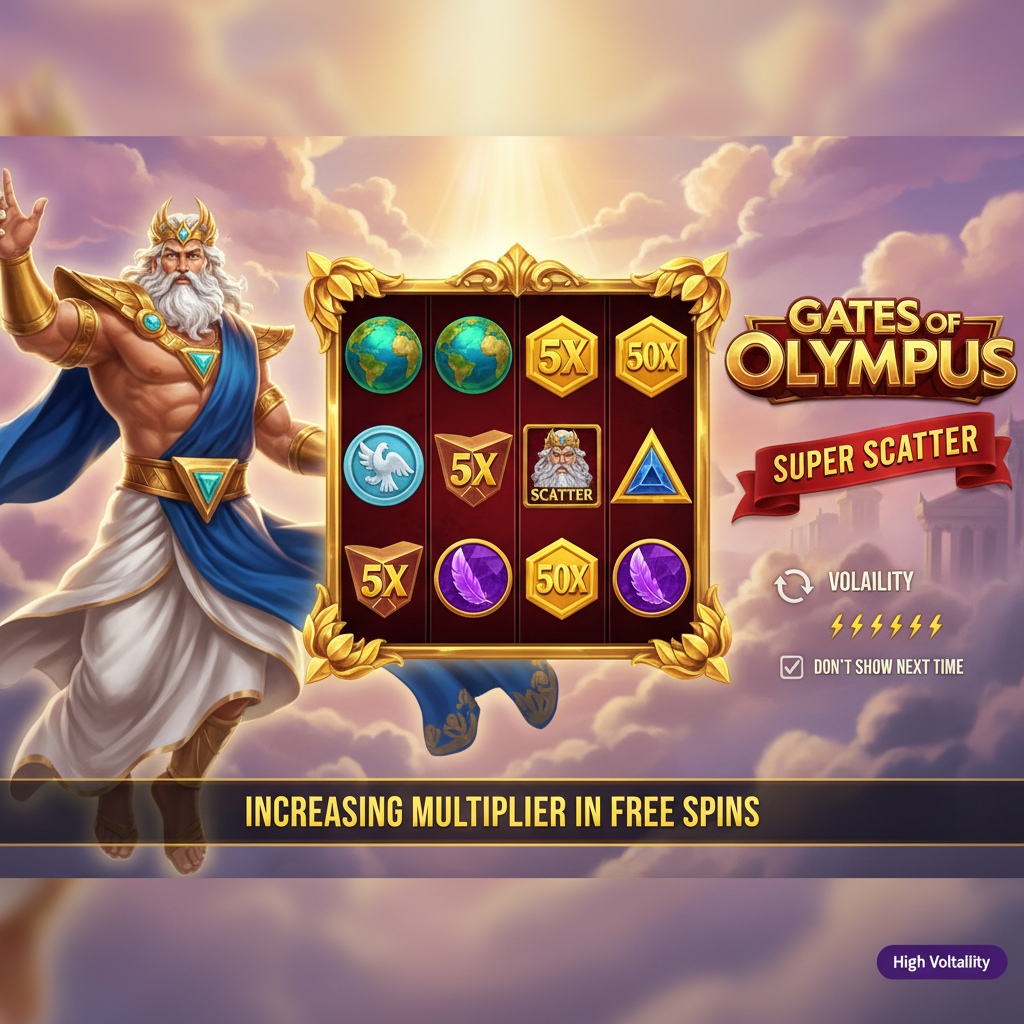 Gates of Olympus SUPER SCATTER slot game featuring Zeus in golden armor floating on clouds with divine glow, 6x5 game grid with golden ornate frame, mythological symbols including green globe, purple triangle crystals, blue diamonds, and scatter symbols