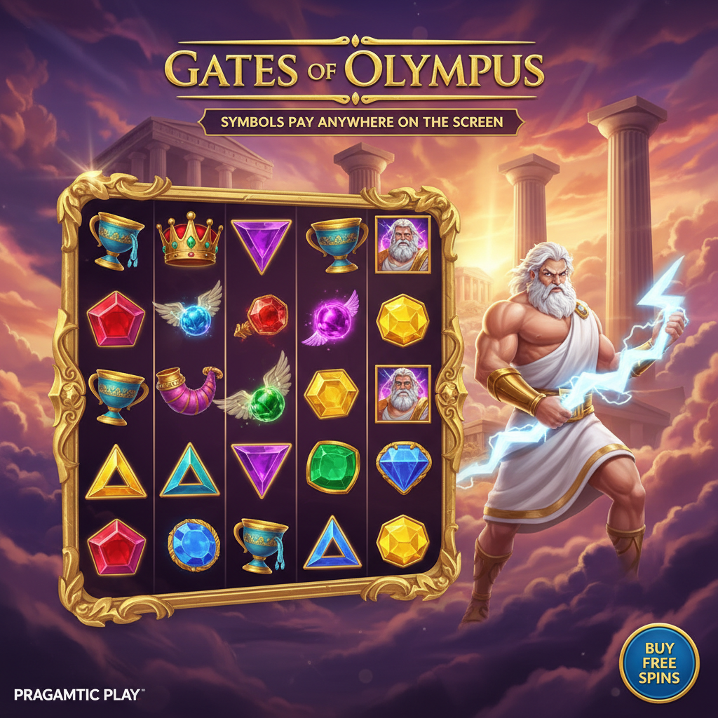 Gates of Olympus slot game featuring Zeus the Greek god with lightning, golden temple columns, purple and pink clouds, multiplier orbs with wings, and ancient Greek mythology theme by Pragmatic Play