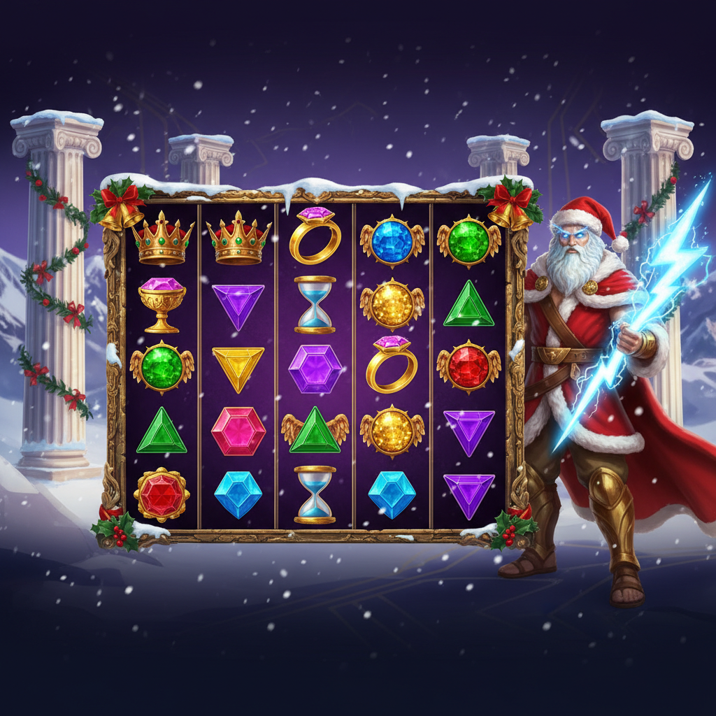 Gates of Olympus X-Mas 1000 slot game featuring Zeus in Santa outfit holding lightning bolt with snowy Greek temple columns, golden reels displaying gems and mythological symbols, and glowing multiplier orbs on purple background