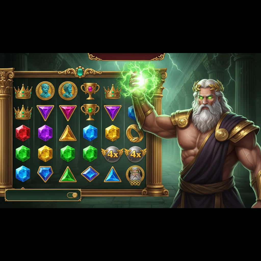 888 of Olympus slot game featuring Zeus with glowing green lightning, golden crown and armor, standing before ancient Greek temple columns with the 888 logo in golden numerals and sacred gemstone symbols